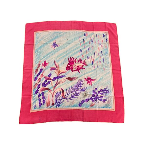 Vintage Silk Square Scarf With Hand-Painted Tropical Fish & Seaweed Design In Vi - Picture 1 of 5